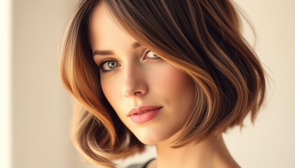 A stylish bob hairstyle with soft, layered waves framing a delicate, feminine face. The hair is neatly parted to the side, with subtle highlights accentuating the natural movement and texture. Warm, diffused lighting creates a serene, flattering glow, drawing attention to the effortless elegance of the cut. The image is captured at a slight angle, highlighting the versatility and face-framing properties of the bob style. The overall mood is one of timeless sophistication and beauty, showcasing the bob's ability to flatter a wide range of hair types and face shapes.