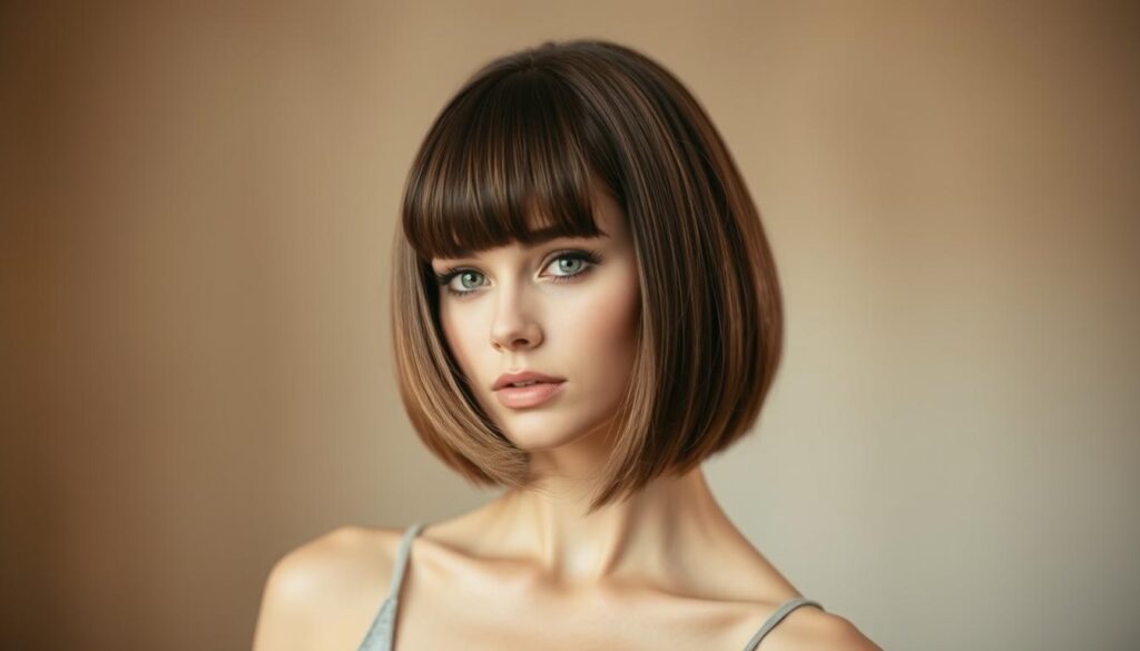 A stylish, classic bob cut hairstyle presented against a soft, blurred background. The model has shoulder-length, blunt-cut hair framing their face in a flattering, face-shaping silhouette. Lighting is soft and diffused, creating a warm, inviting atmosphere. The image captures the essence of the essential bob cut styles, highlighting the versatility and elegance of this iconic haircut.