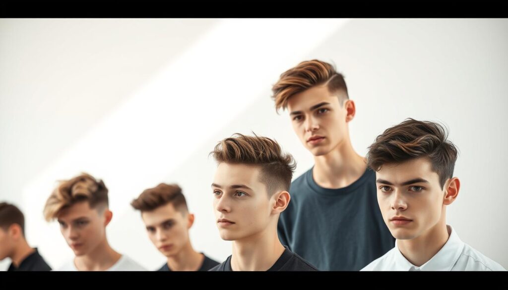 A stylish collection of trendy boyish haircuts, captured in a sleek studio setting with soft, natural lighting. In the foreground, a variety of modern hairstyles showcased on clean-cut, youthful models - from messy textured quiffs to sharp side-parts, complemented by well-groomed facial features. The middle ground features a minimalist backdrop, allowing the hairstyles to take center stage, while the background subtly fades into a soft, blurred gradient, creating a sense of depth and focus. The overall mood is sophisticated, yet effortless, inviting the viewer to imagine themselves with a fresh, boyish new look.