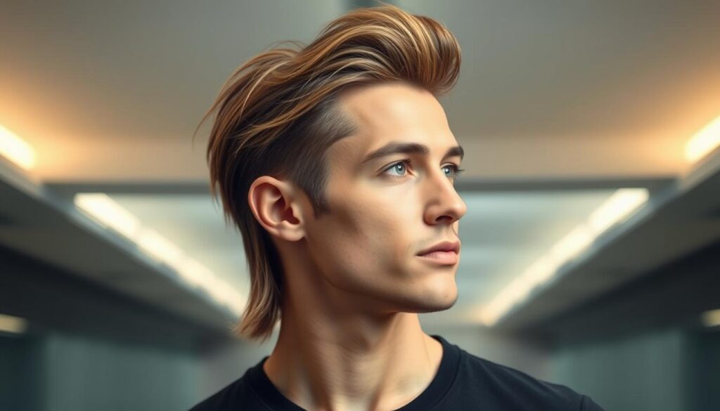 A stylish, contemporary mullet hairstyle against a sleek, modern backdrop. A well-groomed male subject, with a sophisticated, shoulder-length cut featuring a longer, textured top and tapered sides. Subtle highlights and a slight wave in the hair add depth and dimension. The subject is captured in a well-lit, minimalist studio setting with soft, directional lighting highlighting the hair and facial features. The overall atmosphere conveys a sense of effortless cool, reflecting the mullet's evolution from a 70s/80s icon to a 2025 essential.