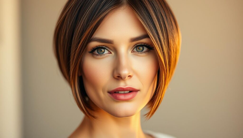 A stylish, face-flattering short bob hairstyle. A woman with refined facial features stands against a softly blurred background, the warm lighting highlighting the smooth lines and contours of her chin-length, textured cut. The hair frames her face in a flattering way, angled slightly to one side to emphasize the cheekbones. The look exudes an effortless, sophisticated elegance that would suit a variety of face shapes. Captured with a medium-close portrait lens, the image has a shallow depth of field to keep the focus on the hairstyle.