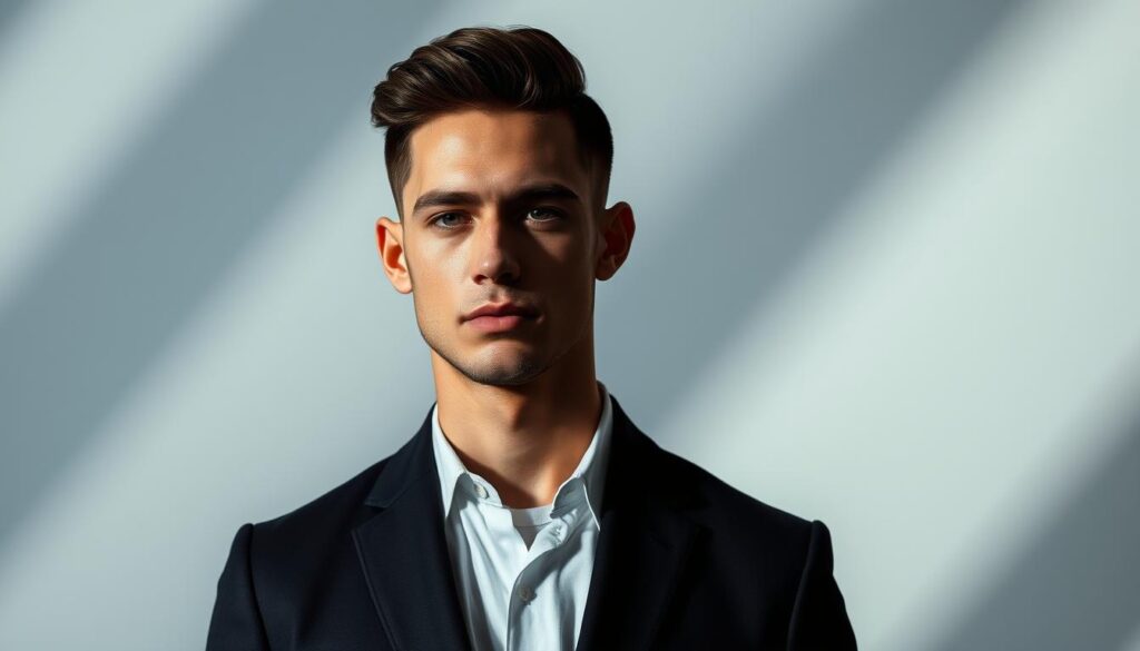 A stylish gentleman with a well-groomed, short haircut stands confidently against a minimalist, modern backdrop. Dramatic low-key lighting casts sharp shadows, highlighting the clean lines and textured waves of the precision-cut style. The model's expression conveys a sense of effortless cool, projecting an air of understated sophistication. The overall mood is sleek, polished, and impactful - a look that balances low-maintenance ease with maximum visual impact.