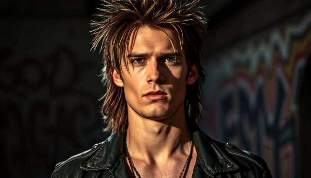 A stylish male model with a classic mullet haircut, featuring shaggy, shoulder-length locks in the back and shorter, spiky layers on top. He has a rugged, edgy appearance, illuminated by dramatic side lighting that casts dynamic shadows across his face. The model's expression is confident and unapologetic, embodying the rebellious spirit of the mullet style. The background is a moody, urban setting with hints of graffiti-covered walls, conveying a gritty, underground vibe. The overall atmosphere is one of bold, uncompromising self-expression.
