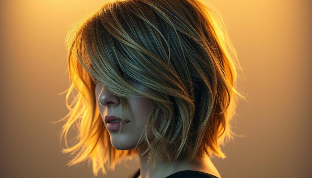 A stylish shag haircut with tousled, textured layers cascading from a slightly off-center part. Soft, wispy bangs frame the face, while the sides and back feature graduated, choppy cuts for a cool, effortless vibe. Warm, golden lighting casts a flattering glow, highlighting the natural movement and dimension of the hair. Captured with a shallow depth of field, the focus is on the intricate, layered structure of the haircut against a blurred, neutral background, showcasing its modern, sophisticated appeal.