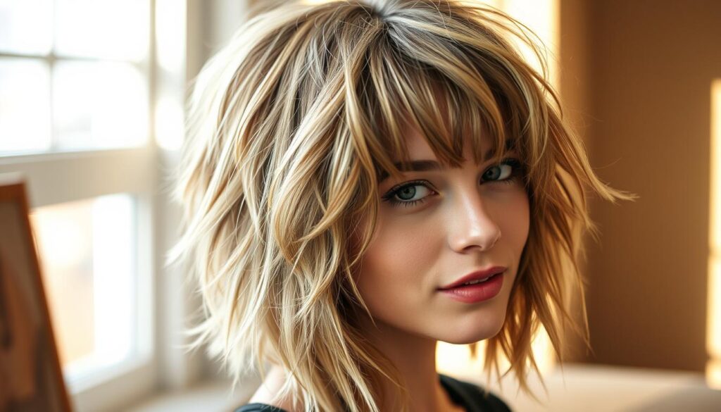 A stylish shag hairstyle, with messy, voluminous locks framing the face in a flattering, effortless manner. The hair has a soft, textured appearance, with subtle highlights and lowlights adding dimension. The model is captured in natural lighting, perhaps by a window, creating a warm, inviting ambiance. The focus is on the hair, with a shallow depth of field blurring the background to emphasize the hairstyle. The model has a relaxed, confident expression, embodying the modern, carefree spirit of the shag haircut.