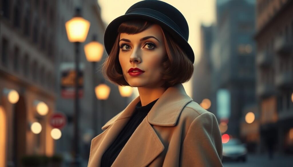 A stylish woman in a 1920s bob haircut, wearing a black cloche hat and a long beige coat. She stands against a backdrop of a city street in the evening, with streetlamps and buildings in the distance, creating a warm, atmospheric lighting. The woman's gaze is confident and determined, capturing the spirit of the era. The image is captured with a vintage-inspired lens, giving it a soft, nostalgic feel.
