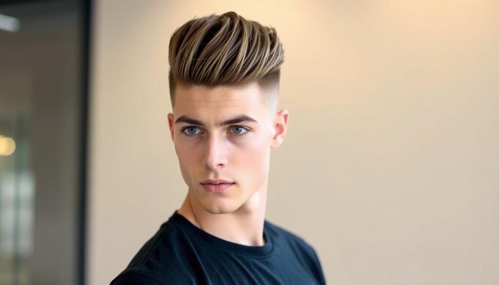 A stylish young man with a bold burst fade haircut, showcasing a fresh, on-trend look. The image is captured in a well-lit, modern setting, with a neutral background that allows the haircut to be the focal point. The lighting is soft and flattering, highlighting the intricate blending and texture of the fade. The model's expression is confident and stylish, embodying the bold and trendy nature of the burst fade style. The composition is balanced, with the model's face and haircut occupying the central frame, creating a visually striking and impactful image that accurately represents the "Best Burst Fade Styles to Try: Bold, Fresh, and On-Trend" section.