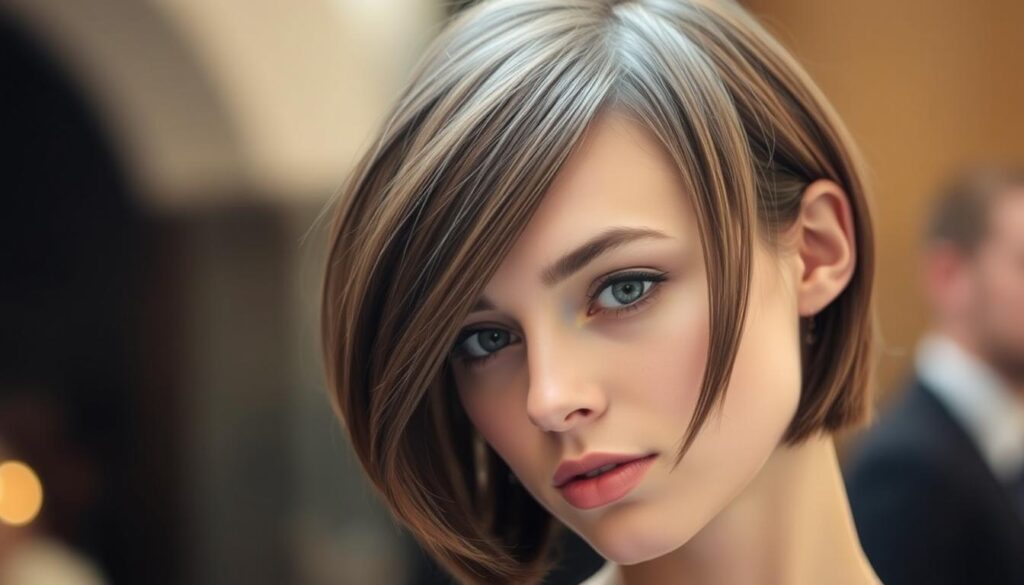 A stylish young woman with a chin-length bob hairstyle, her bangs artfully styled to one side, creating an asymmetric, textured look. The lighting is soft and diffused, highlighting the shine and movement of her hair. The background is blurred, keeping the focus on the intricate styling details of the bob. The overall mood is one of effortless elegance, perfectly capturing the essence of the "bang and parting choices that change the whole look" section of the article.