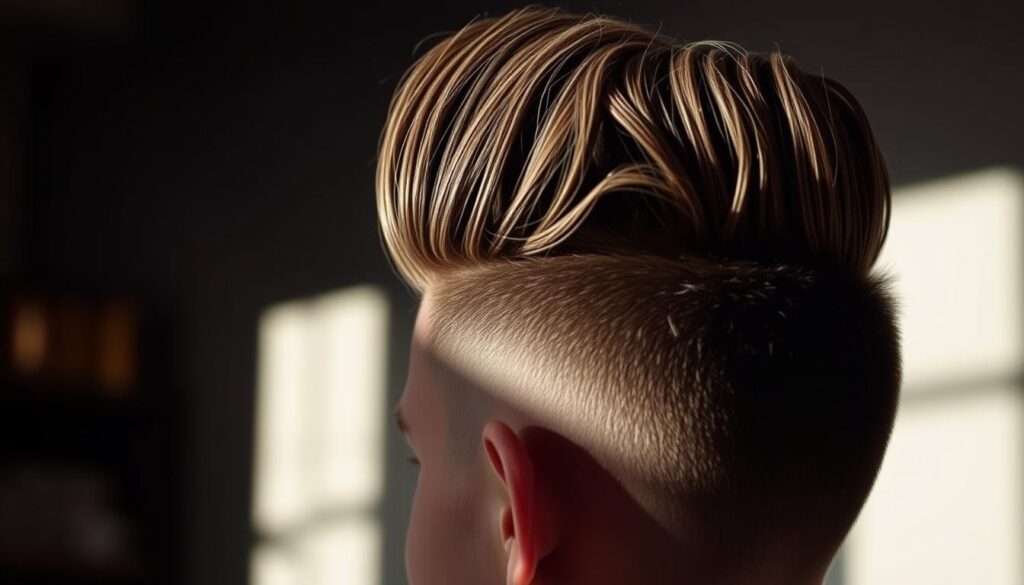 A stylishly coiffed volume top hairstyle, the focal point of the frame. Meticulously groomed, with textured strands swept upward and outward, creating a dynamic, trend-forward silhouette. Soft, flattering lighting from the side casts gentle shadows, accentuating the depth and definition of the style. The background is blurred, allowing the hairstyle to take center stage, showcasing its bold, contemporary appeal. The overall mood is one of refined masculine elegance, a perfect reflection of the "Styling the Top: Fade Combos from Classic to Trend‑Forward" section.