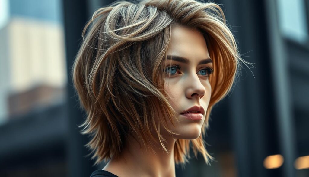 A stylishly modern mullet haircut with a bold, textured look. The model's hair is short on the sides and back, with longer, wavy locks flowing naturally on top. Soft, diffused lighting illuminates their face, highlighting the asymmetrical layers and dimensional styling. A cool, urban atmosphere with subtle hints of a contemporary cityscape in the background. Captured with a shallow depth of field to focus attention on the intricate hairstyle details.