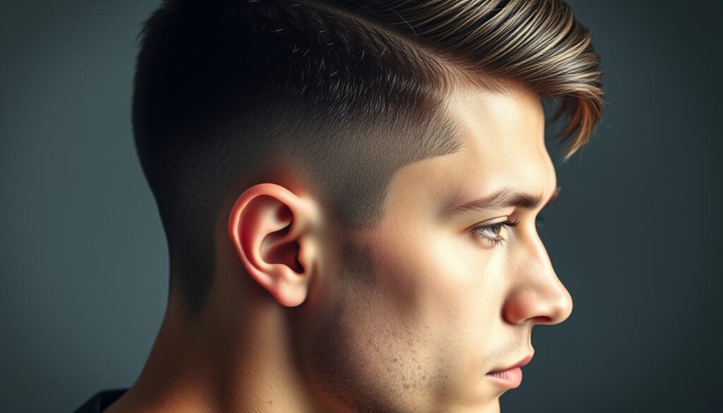 A stylized close-up of a man's head, showcasing a sleek drop fade hairstyle. The hair is neatly trimmed on the sides, gradually tapering into a longer, textured crown. Soft, directional lighting illuminates the profile, casting gentle shadows that accentuate the intricate fade pattern. The overall composition has a refined, grooming-focused aesthetic, capturing the sophisticated yet edgy essence of this specialty fade. The image has a high-resolution, photorealistic quality, with a shallow depth of field that isolates the subject and creates a sense of depth and dimensionality.