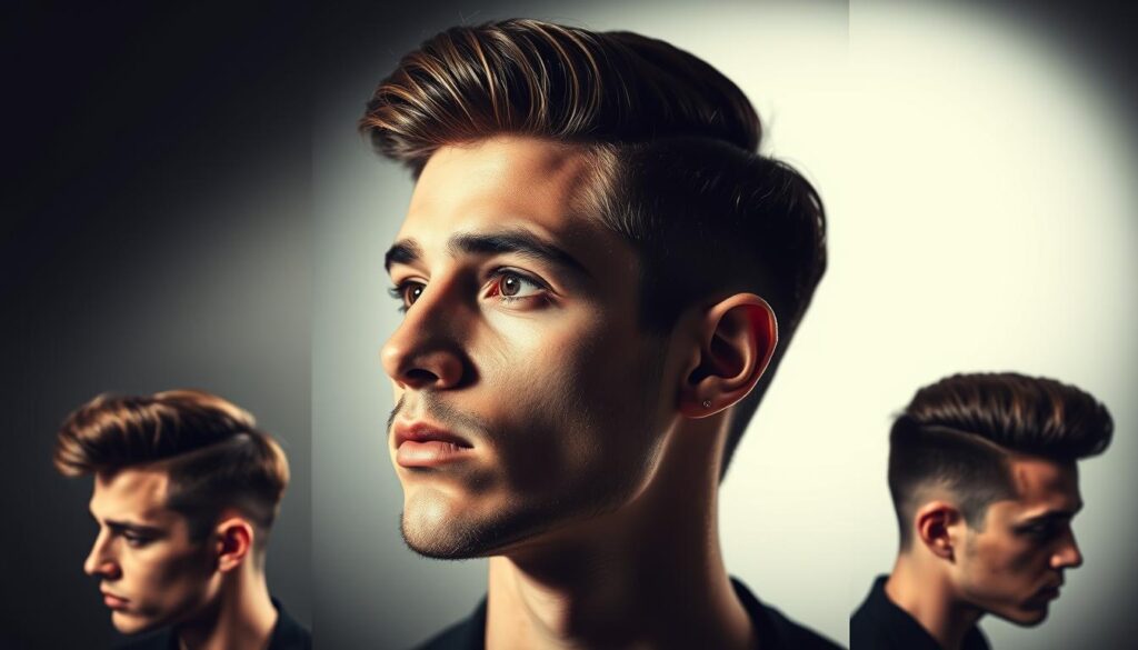 A stylized, high-contrast portrait of a young man showcasing various face-flattering haircut options. Lit dramatically from the side to accentuate facial features and bone structure. The subject's face is placed centrally, with the hair taking up the majority of the frame. Multiple hairstyles are displayed, such as a textured crop, a classic side part, and a tapered pompadour. The lighting is cinematic, casting deep shadows and highlights to reveal the subject's prominent cheekbones, jawline, and brow. The background is blurred, allowing the focus to remain on the hairstyles and how they complement the man's face shape.