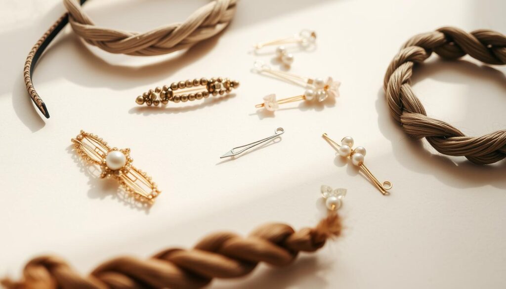 A stylized still life showcasing a selection of accessories for braided hairstyles. Captured in soft, natural lighting, the scene features various textured elements like woven headbands, beaded hair clips, metallic hair pins, and floral hair ties arranged artfully on a neutral backdrop. The mood is one of effortless elegance, emphasizing how such details can elevate the beauty and versatility of intricate braided looks. The camera angle provides an intimate, eye-level view, allowing the viewer to imagine incorporating these chic accents into their own braided hairstyles.