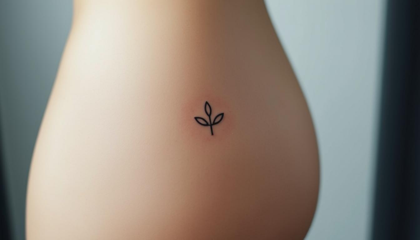 A symbolic minimalist hip tattoo with a clean, modern aesthetic. Featuring a simple yet powerful design, such as a minimalist line drawing of a geometric shape, a minimalist floral or leaf motif, or a subtle abstract pattern. The tattoo is positioned on the hip area, with a focus on the clean lines, negative space, and elegant simplicity of the design. The lighting is soft and diffused, creating a sense of calm and sophistication. The angle showcases the tattoo's placement on the body, with a slight side view to highlight the hip area. The overall mood is one of understated elegance and personal meaning.