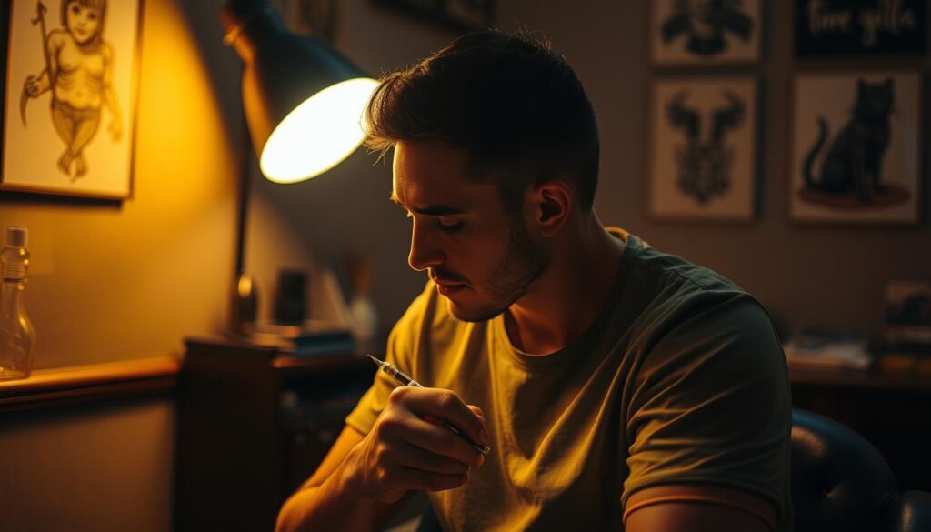 A tattoo artist sitting in a dimly lit, cozy studio, meticulously inking a delicate behind-the-ear design. Warm, diffused lighting casts a soft, intimate glow, highlighting the artist's focused expression and skilled hands. The background features muted, earthy tones with subtle tattoo flash art on the walls, creating a professional, artisanal atmosphere. The artist wears a simple, neutral-colored shirt, allowing the tattoo work to be the central focus. The camera angle is slightly elevated, providing a close-up, three-quarter view of the artist at work, capturing the intricate details of the tattoo process.