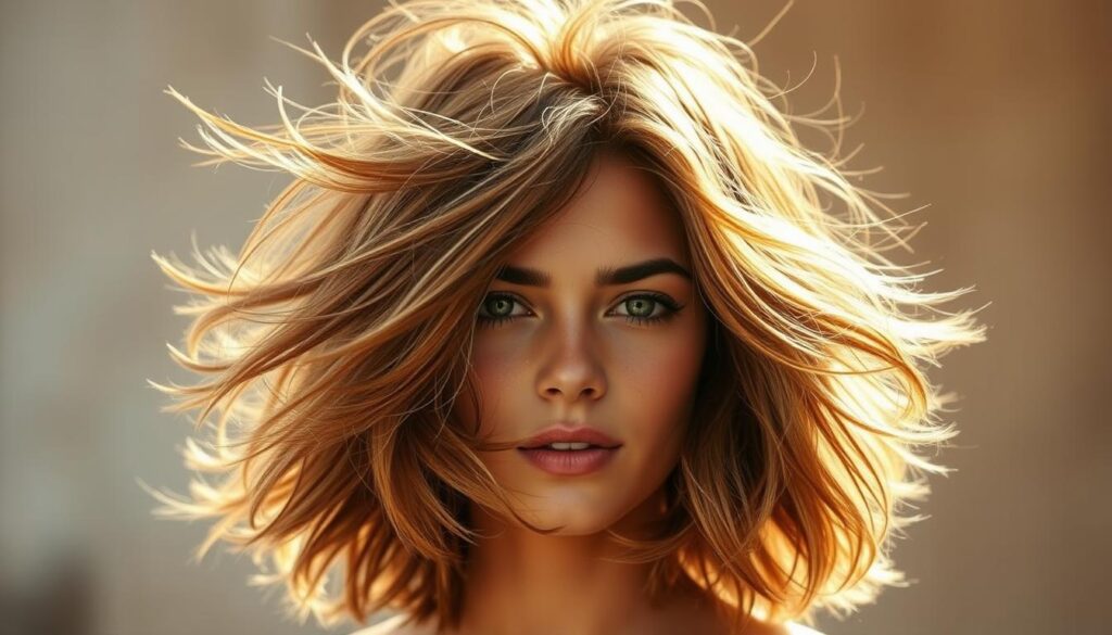 A thick, textured shag haircut with voluminous, airy layers cascading around a youthful, vibrant face. Warm, directional lighting creates depth and dimension, casting soft shadows that accentuate the dynamic, piece-y structure. The hair has an effortless, windswept quality, suggesting movement and an active lifestyle. The model's gaze is engaging and confident, creating an overall aesthetic that is simultaneously rugged and refined.