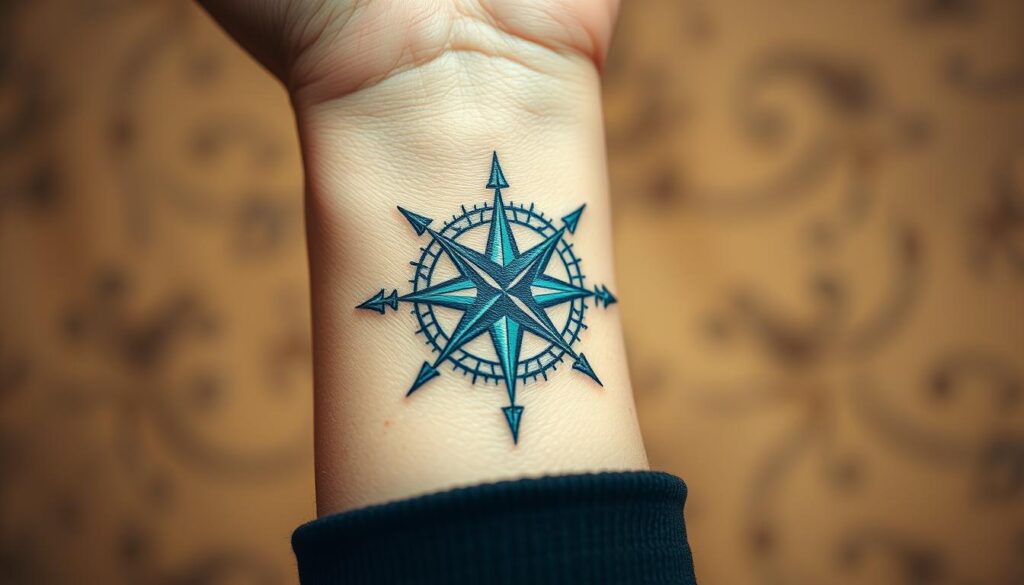 A travel-inspired wrist tattoo of a compass rose, framed by intricate linework and geometric patterns. The compass design is rendered in shades of blue and teal, with highlights that catch the light, creating a sense of depth and movement. The tattoo is set against a softly blurred, muted background, evoking a sense of adventure and exploration. The composition is balanced, with the tattoo design occupying the center of the frame, surrounded by negative space that draws the eye to the key elements. The lighting is warm and natural, casting gentle shadows that accentuate the texture of the skin and the delicate linework of the tattoo.