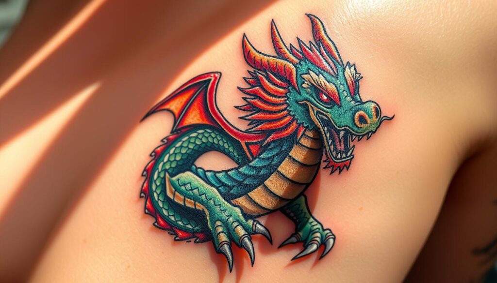 A vibrant aftercare dragon tattoo, its scales gleaming with a fresh coat of healing ointment. The tattoo is showcased against a soft, diffused background, with warm, natural lighting casting subtle shadows. The dragon's intricate details, from its fierce expression to the textured claws, are rendered with meticulous precision, capturing the essence of this powerful mythical creature. The image conveys a sense of care and reverence for the tattoo, reflecting the importance of proper aftercare in maintaining the vibrancy and longevity of this stunning body art.