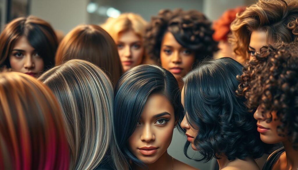 A vibrant and detailed close-up of a diverse range of hair types, highlighting the versatility and suitability of the "Butterfly Haircut" for various face shapes. The foreground showcases an array of hair textures, from sleek and straight to voluminous and curly, all flawlessly styled. The middle ground adds depth with subtle lighting, casting gentle shadows that accentuate the movement and flow of the hair. The background is softly blurred, allowing the subject to take center stage. The overall composition and lighting create a warm, inviting atmosphere, conveying the flattering and adaptable nature of the Butterfly Haircut.