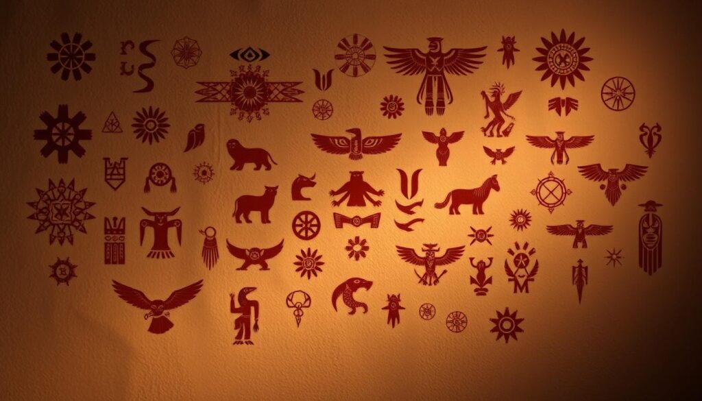 A vibrant array of Native American symbols floating against a backdrop of earthy tones, illuminated by soft, warm lighting. In the foreground, intricate geometric patterns and totemic shapes dance across the frame, evoking the rich symbolism and storytelling of indigenous cultures. The middle ground features abstract representations of animals, plants, and celestial motifs, each imbued with deep spiritual significance. The background blends subtle textures and hues, creating a sense of timeless, sacred space. The overall composition conveys a harmonious balance between the physical and the metaphysical, inviting the viewer to contemplate the profound meanings behind these traditional designs.