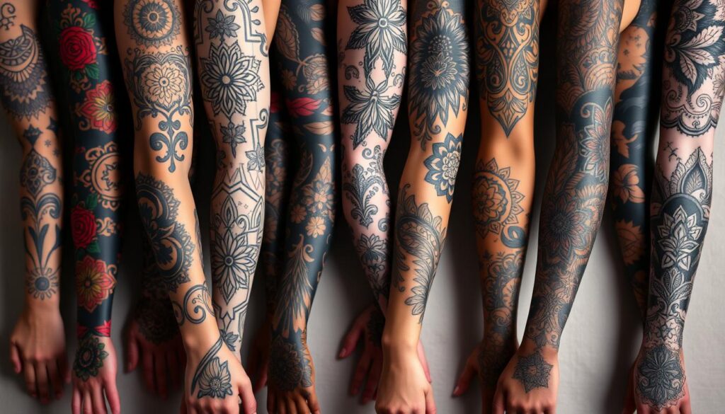 A vibrant array of temporary tattoo sleeves, meticulously crafted with intricate designs that captivate the eye. The foreground showcases an assortment of sleeve-length temporary tattoos, ranging from bold tribal patterns to delicate floral motifs, each one offering a unique expression of personal style. In the middle ground, the sleeves are subtly draped over a neutral background, allowing the vibrant colors and patterns to take center stage. The lighting is soft and diffused, casting a warm, inviting glow that enhances the allure of the temporary tattoos. The overall composition evokes a sense of effortless elegance, perfectly capturing the essence of "Temporary Tattoo Sleeves and Cover Options" within the broader context of "Elevate Your Style with Sleeve Tattoos".