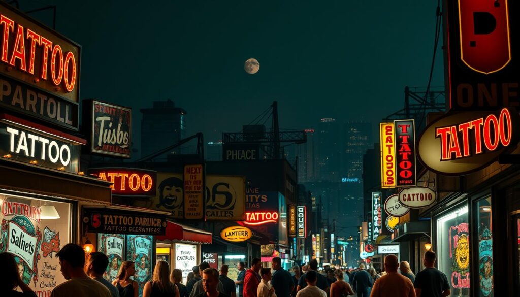 A vibrant, bustling city street scene at night, illuminated by the warm glow of neon signs and street lamps. In the foreground, a group of people excitedly examining the window displays of various tattoo shops, their faces lit with a sense of anticipation. The middle ground features an array of diverse, eye-catching tattoo parlor storefronts, each with its own distinct style and personality. In the background, a hazy cityscape stretches out, dotted with skyscrapers and the faint outline of a full moon. The overall atmosphere conveys a sense of adventure, excitement, and the promise of unique, one-of-a-kind tattoo designs waiting to be discovered.