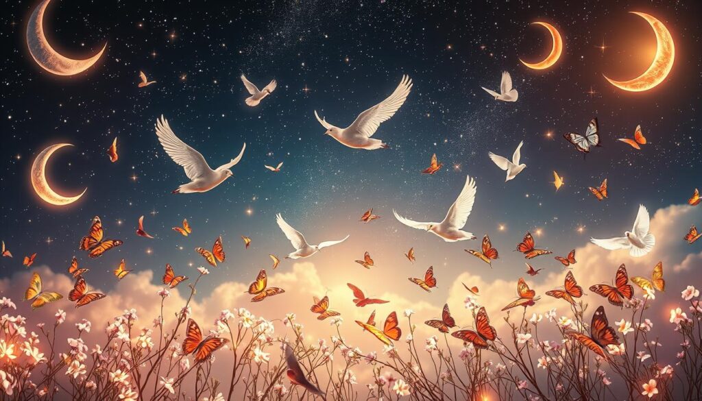 A vibrant celestial memorial, featuring a flock of graceful birds soaring among delicate butterflies against a backdrop of shimmering stars and crescent moons. The birds, in soft shades of blue and white, glide effortlessly through the ethereal scene, their wings outstretched as if in tribute. Butterflies, in a kaleidoscope of colors, flutter delicately, their gentle movements evoking a sense of peace and renewal. The night sky is painted with a mesmerizing array of twinkling stars and crescents, casting a warm, otherworldly glow across the composition. Warm, soft lighting illuminates the scene, creating a serene and contemplative mood, perfect for honoring the memory of a loved one.