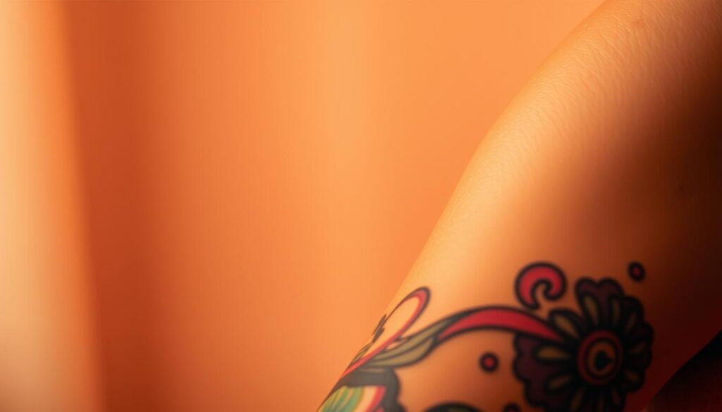 A vibrant, close-up image of a tattooed arm against a soft, blurred background. The tattoo design features an intricate, colorful pattern that seamlessly blends into the natural skin tone, creating a harmonious and visually striking contrast. The lighting is warm and diffused, highlighting the vibrancy of the colors and the texture of the skin. The composition emphasizes the interplay between the tattoo and the skin, drawing the viewer's attention to the artistic integration of color and body. The overall atmosphere is one of elegance, individuality, and a celebration of personal style.