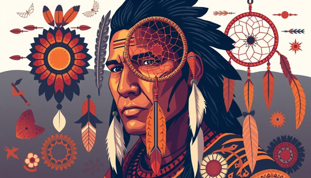 A vibrant collage of Native American design elements, captured in a stylized, illustrative manner. In the foreground, a striking portrait of a stoic, proud Indigenous figure, their face adorned with traditional face paint and intricate tattoos. In the middle ground, a dreamcatcher in warm, earthy tones, its delicate webbing and feathers swaying gently. Surrounding these central motifs, an array of symbolic icons - arrow heads, feathers, and geometric patterns - creating a harmonious, visually captivating composition. The lighting is soft and diffused, lending an ethereal, almost mystical quality to the scene. The overall mood is one of reverence, cultural celebration, and a deep connection to the natural world.