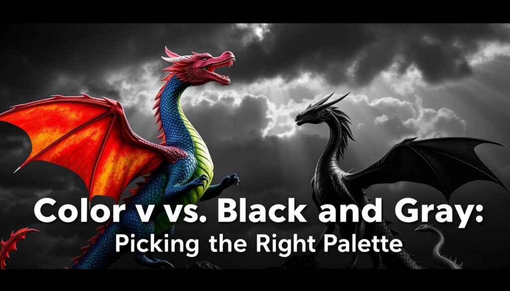 A vibrant color-filled dragon in the foreground, rearing up majestically with wings outstretched, contrasted against a monochrome black and gray dragon in the background, both set against a dramatic, moody sky with dark clouds and rays of light breaking through. The color dragon's scales shimmer with intricate patterns, while the black and gray dragon has a sleek, angular silhouette. The two dragons face off, embodying the tension and dynamic between bold, expressive color and the timeless elegance of black and gray. Cinematic lighting casts dramatic shadows, emphasizing the sculptural forms of the dragons. The overall composition creates a striking visual representation of the "Color vs. Black and Gray: Picking the Right Palette" theme.