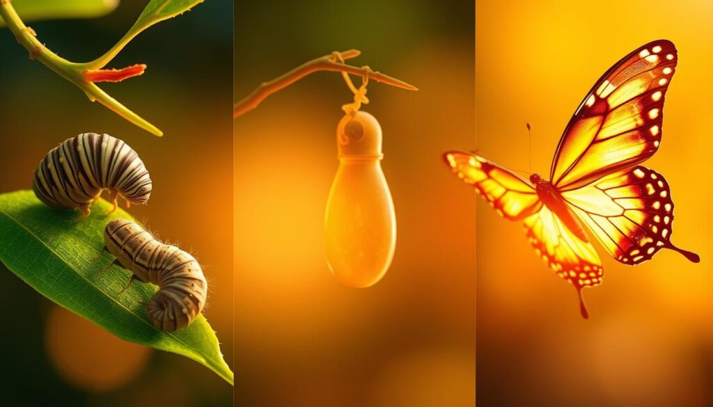 A vibrant, ethereal depiction of a butterfly's life cycle, captured in a triptych-style composition. In the foreground, a delicate caterpillar clings to a verdant leaf, its intricate patterns hinting at the transformation to come. The middle ground showcases a graceful chrysalis, bathed in soft, warm lighting that accentuates its subtle, sculptural form. The background reveals a majestic butterfly in flight, its wings spread wide, the intricate details of its patterns and colors shimmering as if caught in a moment of radiant energy. The overall scene evokes a sense of natural wonder and the profound beauty of growth and metamorphosis.