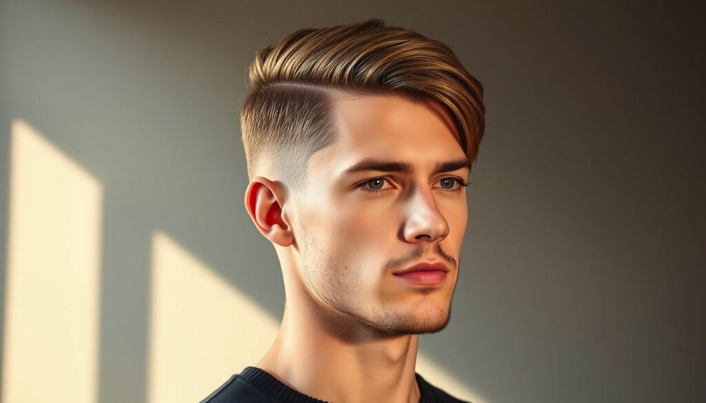 A vibrant fade haircut against a sophisticated backdrop. In the foreground, a well-groomed male model showcases a seamless transition from short to long hair, with the sides tapered into a clean, crisp line. The middle ground features warm, diffused lighting, casting subtle shadows that accentuate the textured layers and precise blending. The background is a minimalist, monochromatic setting, allowing the subject to take center stage. The overall mood is one of modern elegance and masculine refinement, capturing the essence of the latest fade haircut trends.