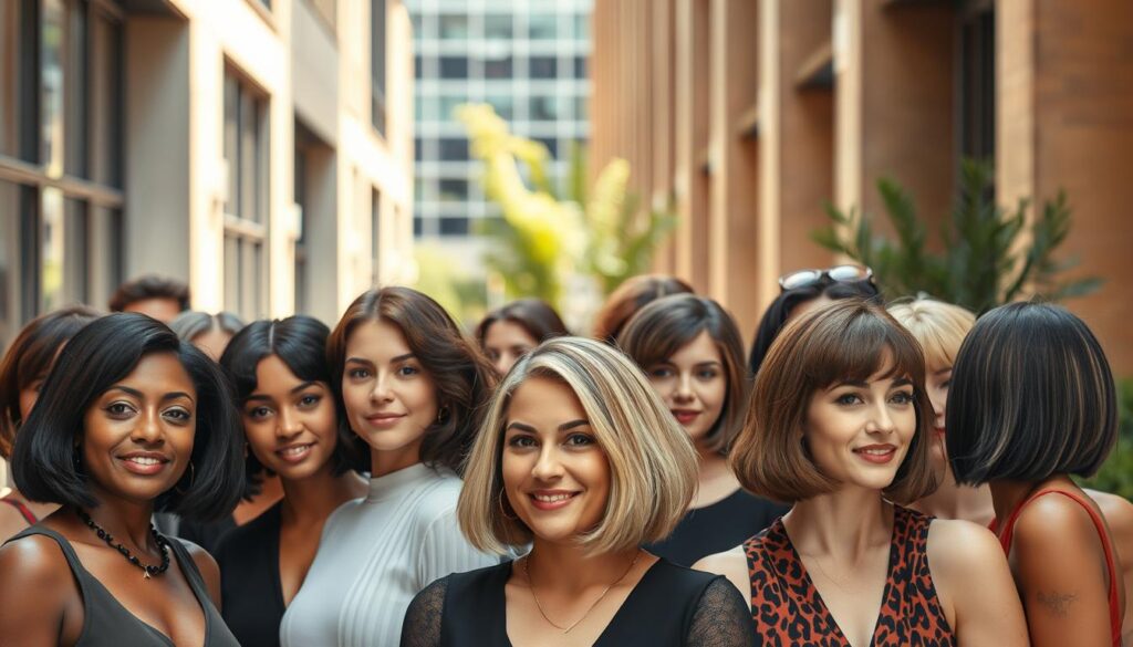 A vibrant, modern-day interpretation of a cultural moment surrounding the iconic bob haircut. A diverse group of women, each with their own unique take on the style, gather in a chic urban setting. Soft, natural lighting illuminates their faces, emphasizing the versatility and timeless appeal of the bob. The foreground features a mix of short, shoulder-length, and angled bobs, showcasing the range of this hairstyle. In the middle ground, a mix of textures and hair colors create a visually dynamic scene. The background blends sleek, contemporary architecture with a hint of greenery, setting the stage for this cultural celebration of the bob.