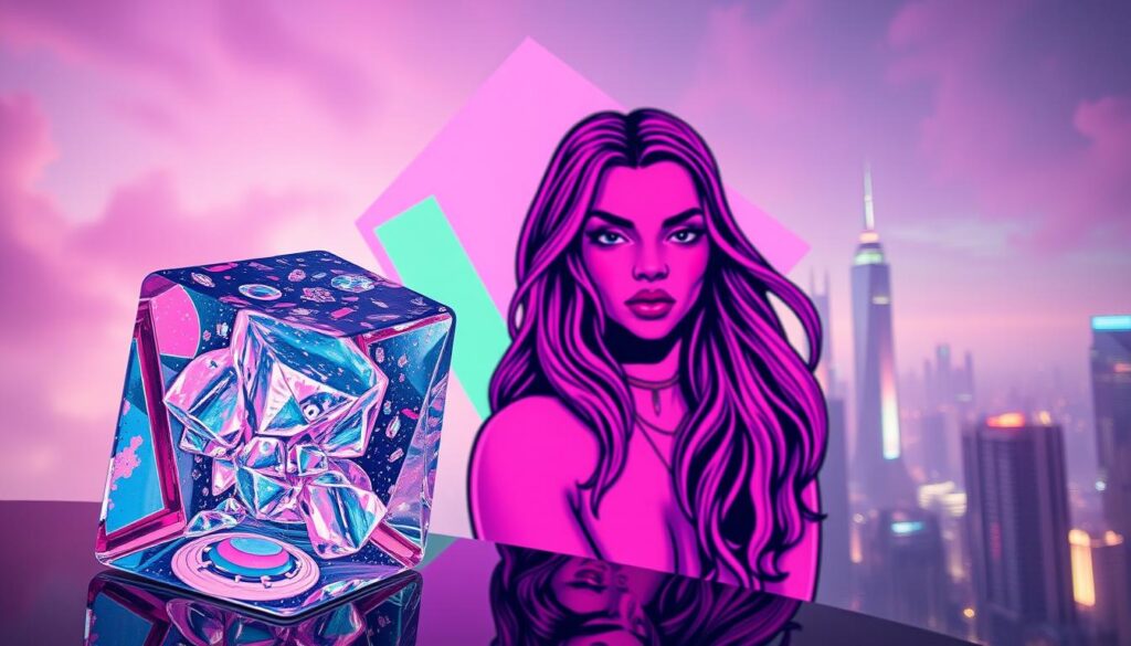 A vibrant, neon-tinged scene depicting fresh tattoo designs inspired by the music, art, and Y2K aesthetic of rapper Ice Spice. In the foreground, a detailed ice cube-shaped tattoo with shimmering, crystalline patterns. In the middle ground, a bold, stylized portrait of Ice Spice's face with her signature long, wavy hair, set against a backdrop of pastel-colored geometric shapes and lines. The background features a hazy, dreamlike cityscape with towering skyscrapers and neon lights, evoking the urban energy of her music. The overall composition has a futuristic, cyberpunk-influenced vibe, captured through a wide-angle lens with dramatic, high-contrast lighting.