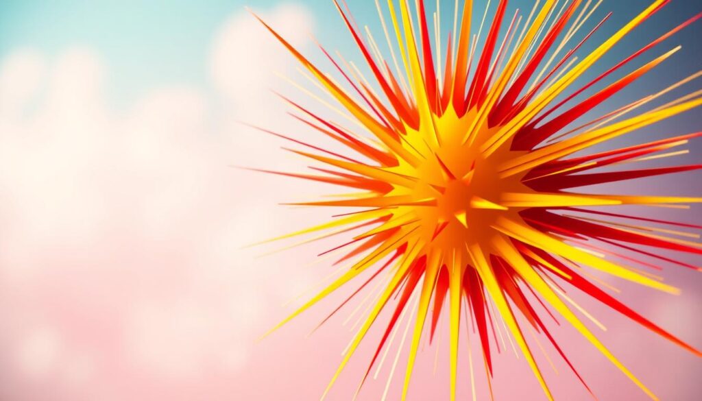 A vibrant starburst explosion, bursting with playful energy and retro-inspired charm. In the foreground, a bold and stylized burst of yellow, orange, and red rays radiate outward, capturing a dynamic and eye-catching display. The middle ground features a hazy, pastel-colored glow, adding depth and a sense of luminosity to the scene. In the background, a soft gradient of blues and purples sets the stage, creating a dreamy, almost cosmic atmosphere. Lit by a warm, diffused lighting that casts gentle shadows, the overall composition evokes a sense of whimsy and contemporary flair, perfect for a modern, pop-culture-inspired micro tattoo design.