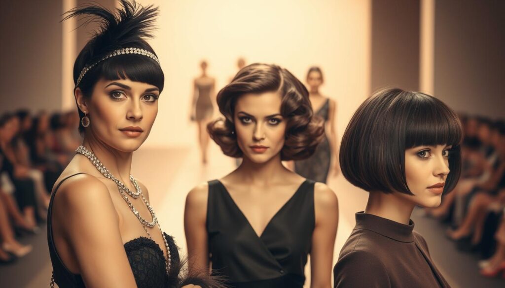 A vintage-inspired scene showcasing the evolution of the iconic bob haircut. In the foreground, a stylish flapper from the Roaring Twenties flaunts her short, sleek bob hairstyle, complete with a feathered headpiece. In the middle ground, a glamorous woman from the 1950s displays her curled, chin-length bob, exuding timeless elegance. The background depicts a modern fashion runway, where models stride confidently, their blunt, textured bobs framing their faces. The lighting is soft and warm, evoking a nostalgic, sepia-toned atmosphere. The scene captures the versatility and enduring appeal of the bob, a hairstyle that has transcended eras and influenced fashion for generations.