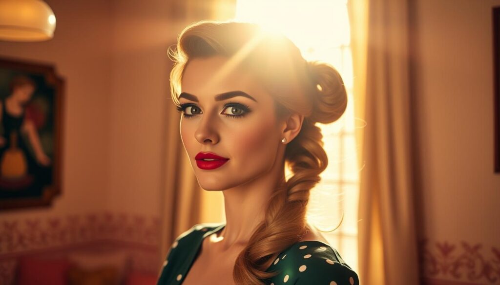 A vintage-inspired woman in a vibrant 1960s setting, her hair styled in a playful yet sophisticated ponytail. Sunlight streams through a window, casting a warm, golden glow on her face. The ponytail cascades down her back, its strands carefully arranged with a subtle wave. The woman's expression exudes a sense of confidence and poise, embodying the glamour of the era. The background features subtle retro patterns and textures, complementing the overall vintage aesthetic. The resulting image should capture the essence of the "Playful ponytails and pigtails with a vintage twist" section, inspiring readers with an authentic 1960s hairstyle.