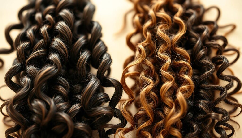 A visually striking close-up image of various hair types and textures, showcasing the diversity and uniqueness of human hair. The foreground features a central focus on different strands, highlighting the varied patterns, waves, curls, and natural volume of hair. The middle ground showcases a subtle, soft-focus backdrop, allowing the hair to be the main focal point. The lighting is warm and diffused, creating a natural, almost ethereal atmosphere. The angles and composition draw the viewer's attention to the intricate details and individual characteristics of each hair type. The overall mood is one of celebration and appreciation for the beauty and versatility of human hair.