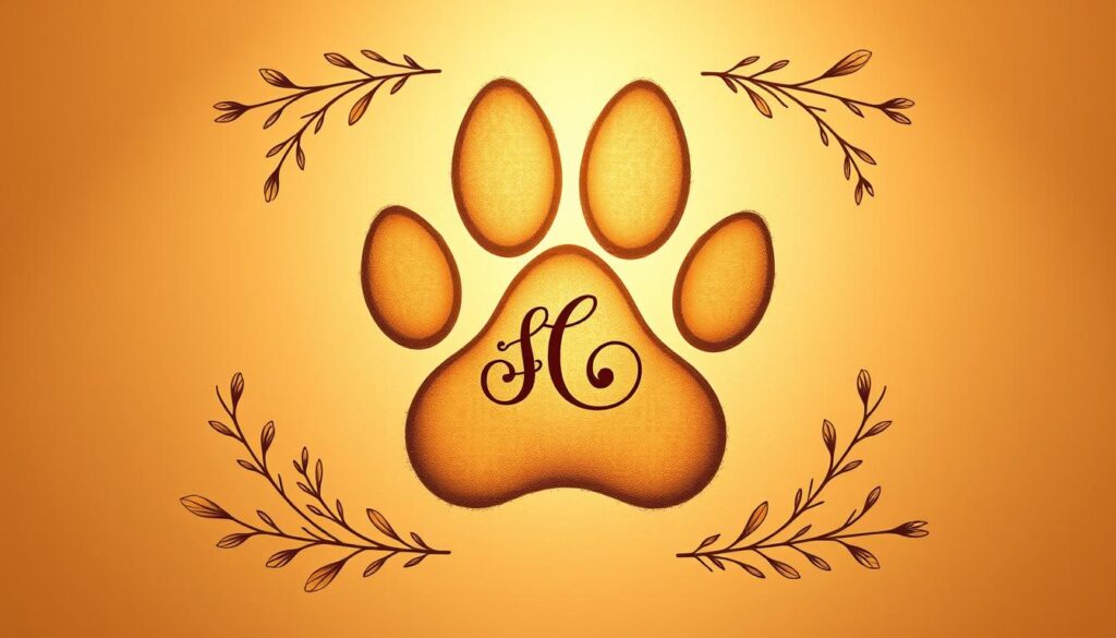 A visually striking composition showcasing an artfully rendered dog's paw print, with the initials of a beloved canine companion's name elegantly inscribed within it. The paw print is captured in a warm, sepia-toned palette, casting a soft, nostalgic glow. Surrounding the central focus is a border of delicate, hand-drawn flourishes and botanical elements, evoking a sense of organic, rustic charm. The overall design is enhanced by subtle, directional lighting, creating depth and dimension. The mood is one of thoughtful commemoration, a heartfelt tribute to the special bond between human and canine.