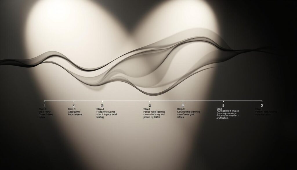 A visually striking timeline depicting the process of covering up tattoos, captured in a sleek, modern style. A clean, minimalist foreground showcases the step-by-step stages, with crisp icons and subtle, muted colors. The middle ground features a dynamic, abstract background, with flowing lines and shapes that evoke the transformation of the skin canvas. Dramatic, directional lighting casts dramatic shadows, creating depth and emphasizing the technical precision of the process. The overall mood is one of professionalism, efficiency, and the satisfying completion of a meticulous task.