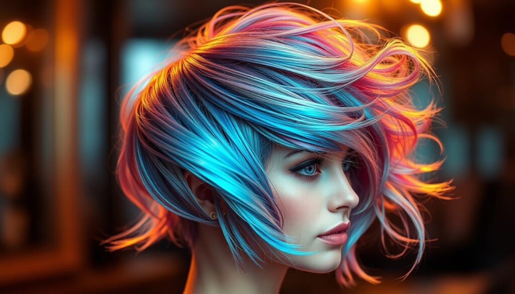 A visually stunning butterfly-inspired haircut, featuring intricate layers and voluminous waves cascading gracefully across the model's head. Brilliant, iridescent colors shimmer and dance under warm, softly diffused lighting, creating a captivating, ethereal effect. The haircut's asymmetric shape and dynamic movement evoke the natural beauty and elegance of a butterfly in flight. Subtle reflections and a shallow depth of field emphasize the style's depth and dimension, framing the model's face in a flattering, feminine manner. This breathtaking hairstyle exudes an aura of effortless sophistication, perfectly capturing the essence of the "Butterfly Haircut" and its ability to flatter any face shape.
