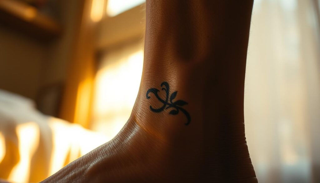 A weathered ankle, the skin marred by a fading tattoo, the ink merging with the natural creases and lines of the joint. Warm, golden light filters through a window, casting a soft glow on the aged design. The tattoo, once vibrant, now muted and blurred, tells a story of time and the impermanence of ink on flesh. The scene is intimate, highlighting the transient nature of body art, inviting the viewer to contemplate the passage of years and the resilience of the human canvas.
