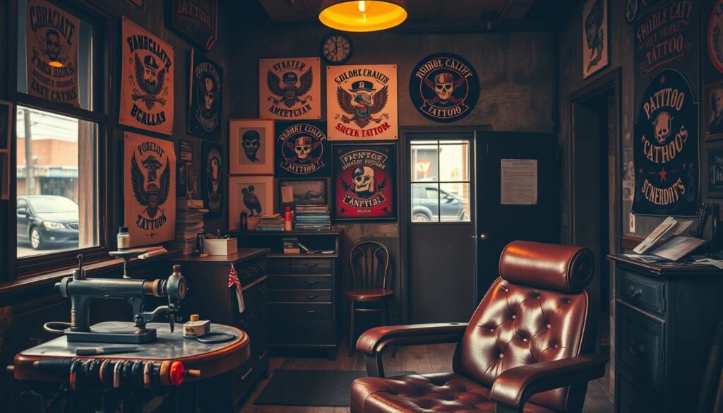 A weathered, blue-collar tattoo parlor, bathed in warm lighting and grunge-inspired ambiance. The foreground showcases a skilled tattoo artist's workspace, complete with a vintage tattoo machine, inks, and a worn leather chair. The middle ground features a collection of flash art adorning the walls - bold designs, classic Americana motifs, and gritty iconography reflective of a hard-working, no-frills aesthetic. The background hints at the city beyond, perhaps an urban alleyway or industrial landscape, further emphasizing the rugged, authentic vibe. The overall composition evokes a sense of authenticity, craftsmanship, and the enduring appeal of blue-collar tattoo culture.
