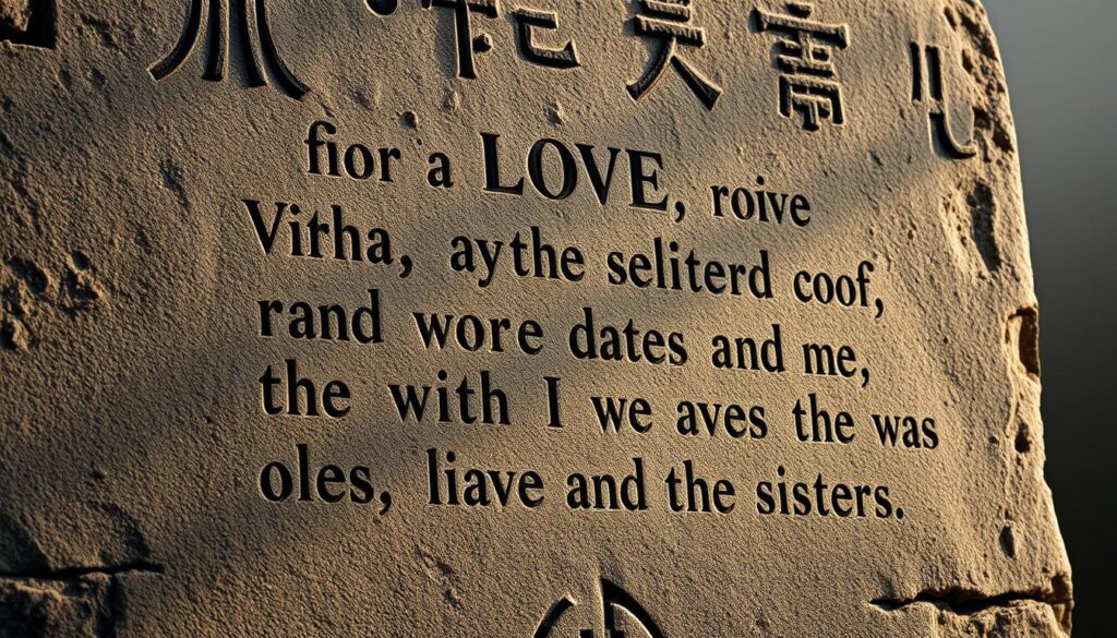 A weathered stone surface, its face carved with intricate words and symbols, etched by the relentless passage of time. Soft, diffused lighting casts gentle shadows, accentuating the depth and texture of the inscriptions. The background fades into a hazy, muted palette, allowing the central focus to remain on the timeless message, a testament to the enduring bond between sisters. The composition is balanced, with the carved text occupying the prime real estate, inviting the viewer to pause and reflect on the profound significance of these words, forever preserved in the stone.