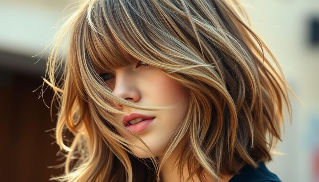 A well-defined shaggy hairstyle with thick, voluminous locks cascading in effortless layers. The model's head is angled slightly to the side, highlighting the textured, wispy bangs that frame the face. Warm, natural lighting illuminates the soft, wavy strands, creating a dimensional, lived-in look. The background is blurred, placing the focus entirely on the intricate details of the hair style. The overall mood is relaxed, carefree, and stylishly undone, perfectly capturing the essence of a modern shag cut for thick hair.