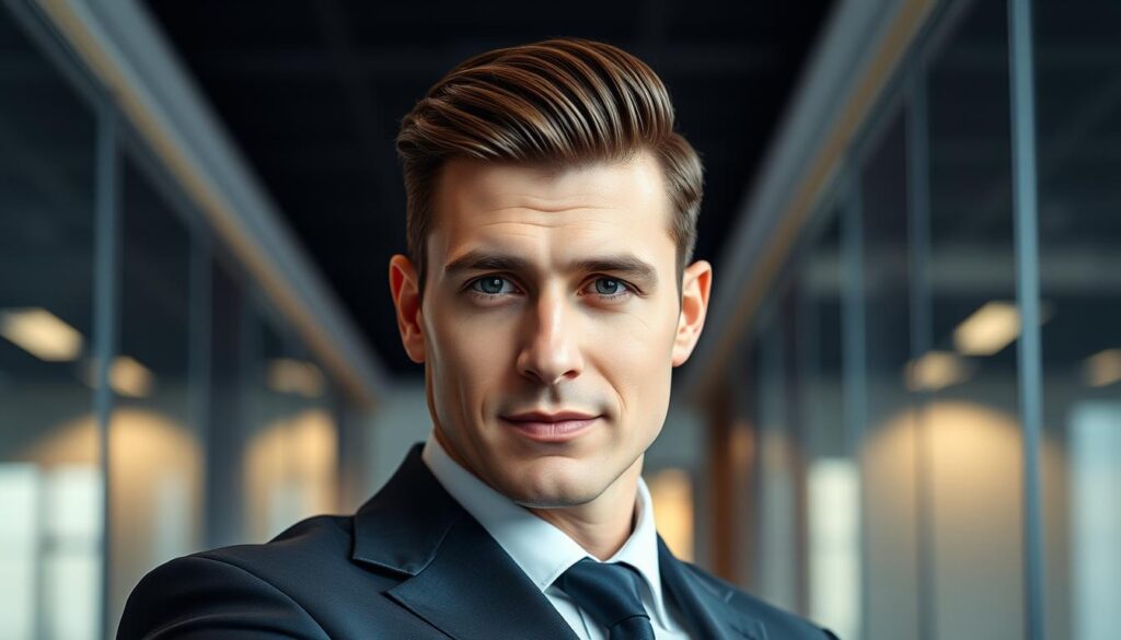 A well-groomed, classic comb-over hairstyle on a businessman in a tailored suit, posing confidently against a sleek, modern office backdrop. Soft, directional lighting accentuates the neatly combed strands, creating a polished, professional appearance. The subject's expression radiates an air of authority and poise, embodying the timeless sophistication of a business-ready look that has stood the test of time.