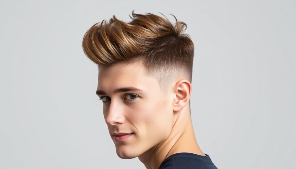 A well-groomed, fluffy-haired male model with a stylized "Edgar" haircut, facing the camera at a slight angle. Soft, flattering lighting illuminates the textured, voluminous hair on top, highlighting its natural waves and movement. The model's expression is relaxed and confident, with a slight smile. The background is a simple, neutral studio setting, allowing the focus to remain on the hairstyle. The overall mood is polished, youthful, and showcases the versatility and height of the Edgar cut.