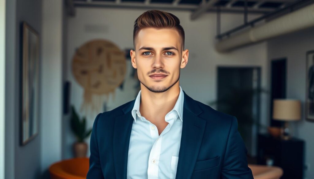 A well-groomed gentleman stands confidently in a stylish loft studio, dressed in a sharp suit with a sleek, faded undercut hairstyle. Soft, directional lighting accentuates his polished, professional appearance, while a creative, abstract background adds a subtle, artistic edge. The scene conveys a balanced sense of sophistication and personal expression, capturing the essence of a versatile lifestyle choice.