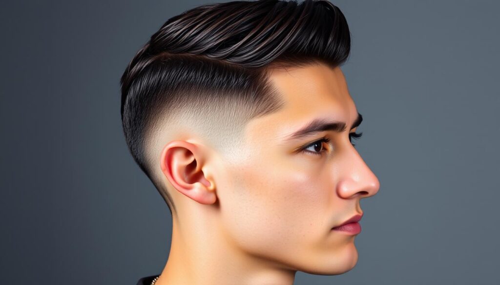 A well-groomed gentleman with a high-taper fade, his short dark hair gradually blending into the closely-cropped sides. Soft studio lighting creates subtle shadows, accentuating the contoured edges of the cut. The subject's face is angled slightly, revealing the clean lines and symmetry of the style. A neutral expression conveys a sense of confident, effortless style. The background is a minimalist grey backdrop, keeping the focus solely on the carefully crafted haircut.