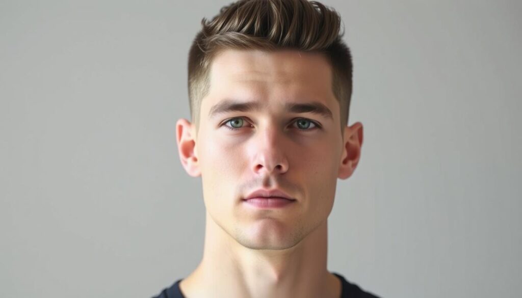 A well-groomed male model showcasing a classic mid-taper fade hairstyle, captured in a medium-shot portrait under soft, diffused natural lighting. The model's hair is neatly trimmed, with a gradual transition from the closely cropped sides to the longer, textured top. The angle highlights the precision of the fade, revealing the clean lines and seamless blending. The model's expression is relaxed, conveying a sense of confidence and sophisticated style. The background is simple and uncluttered, allowing the hairstyle to be the focal point of the image.